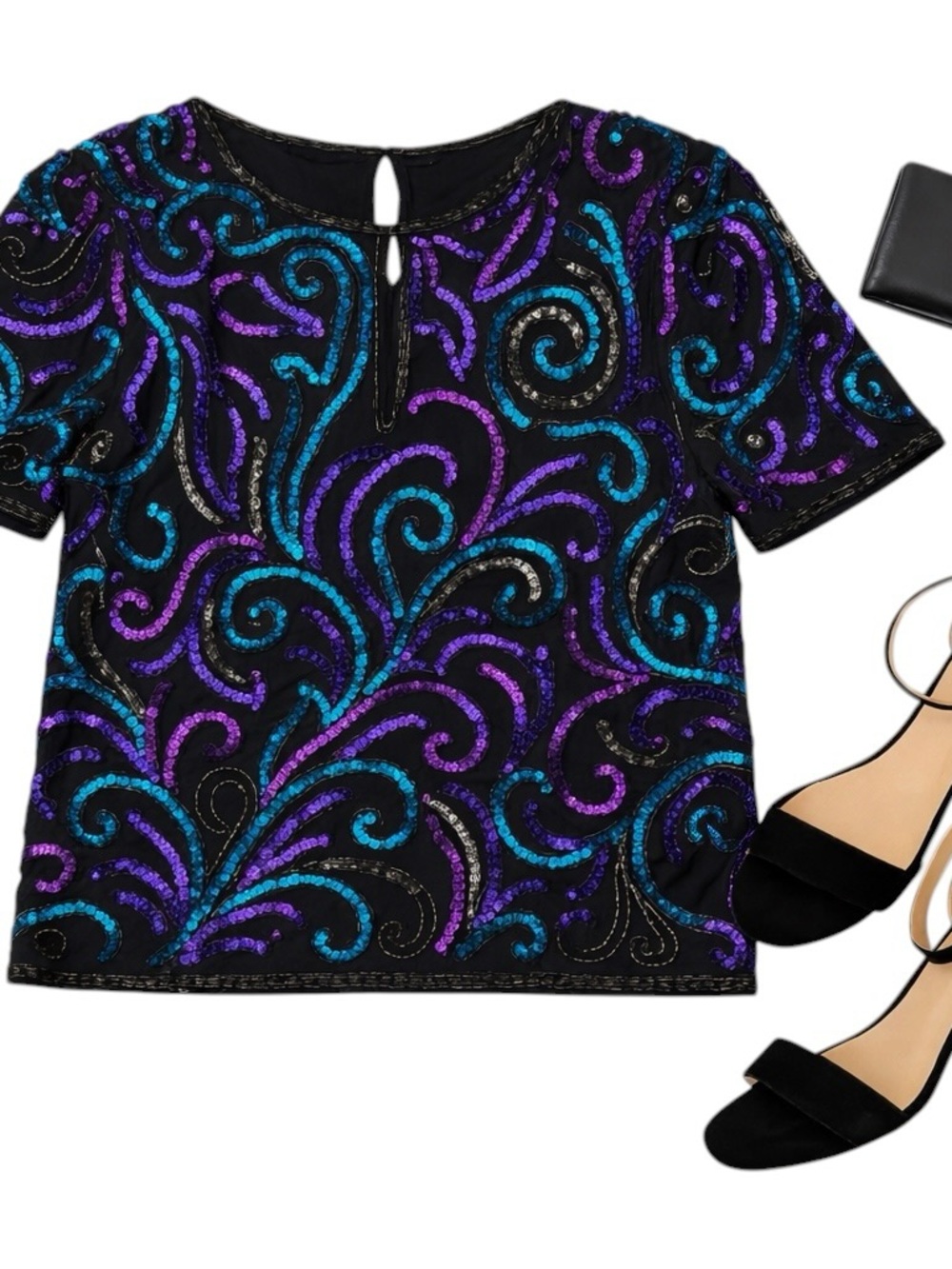 Laurence Kazar Silk Sequin Beaded Top XL Black Purple Teal Vintage Glam in EUC